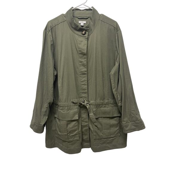 J. Jill Anorak Military Long Line Jacket dark green button front tie waist 2X - Picture 1 of 8